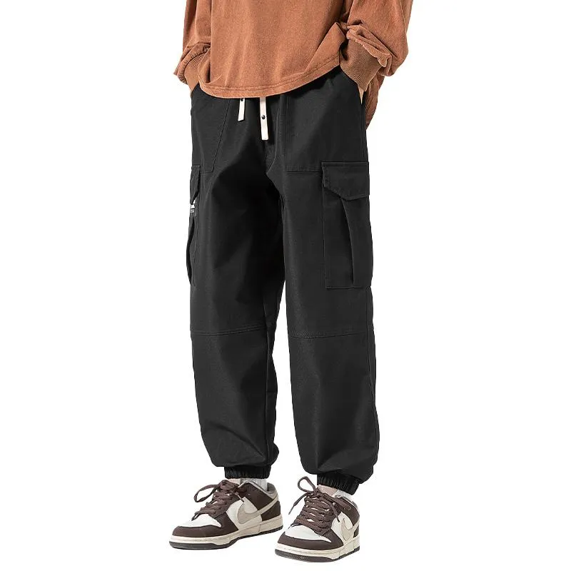 Street Style Elasticity Solid Color Loose Fit Bellows Pocket Tapered Pants