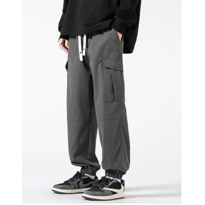 Street Style Elasticity Solid Color Loose Fit Bellows Pocket Tapered Pants