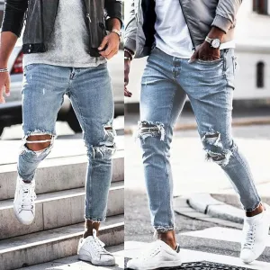 Streetwear Knee Ripped Skinny Jeans for Men Hip Hop Fashion Destroyed Hole Pants Solid Color Male Stretch Denim Trousers