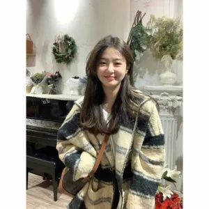 Thigh-Length Loose Fit Retro Stripe Hooded Wool Blend Coat