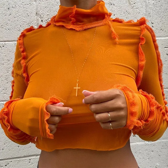 Transparent Sexy Mesh Turtleneck Cute Crop Long Sleeve