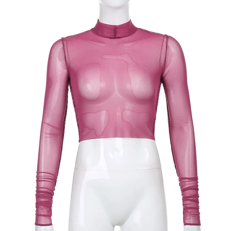 Transparent Sexy Mesh Turtleneck Cute Crop Long Sleeve