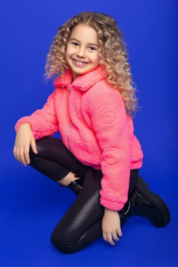 Tween Outerwear | Smiley Sherpa Jacket - Neon Pink | MIA New York