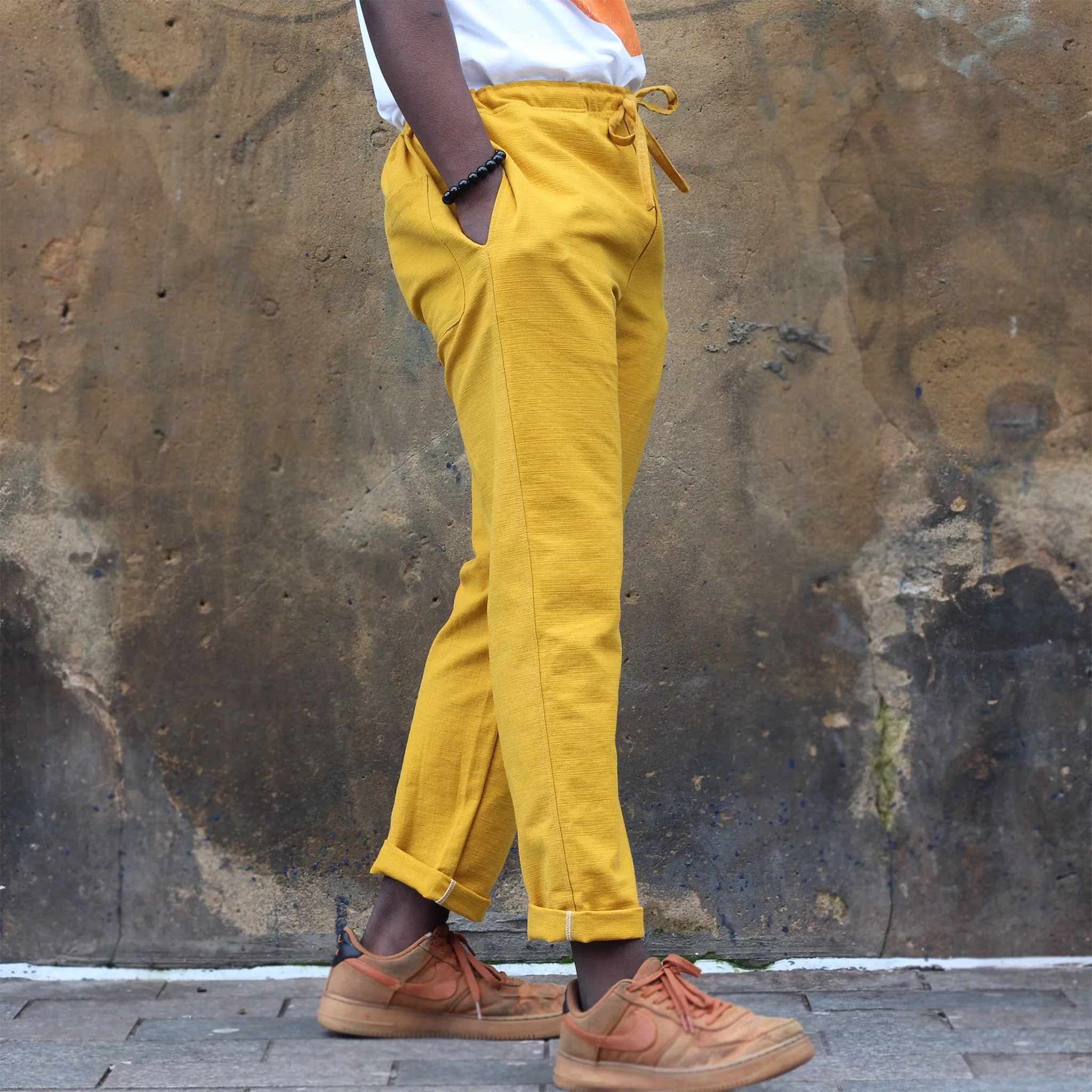 Unisex Ribbed Cotton Shing Mai Trousers Yellow