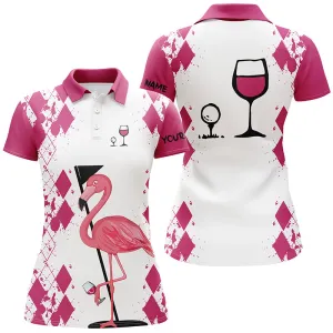 White Pink Womens Golf Shirt Flamingo Golf & Wine Custom Name Womens Golf Polo Shirt