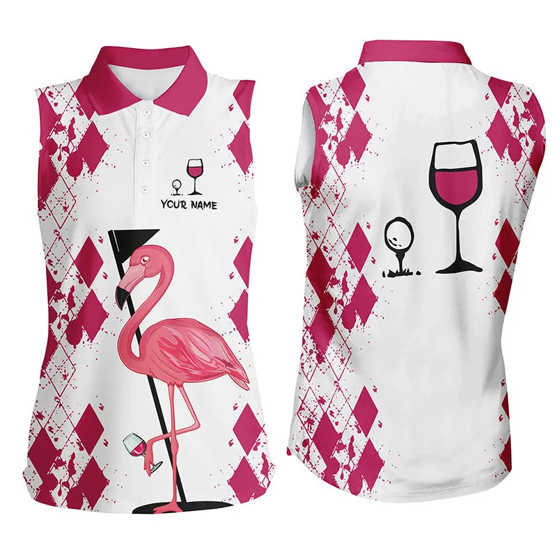 White Pink Womens Golf Shirt Flamingo Golf & Wine Custom Name Womens Golf Polo Shirt