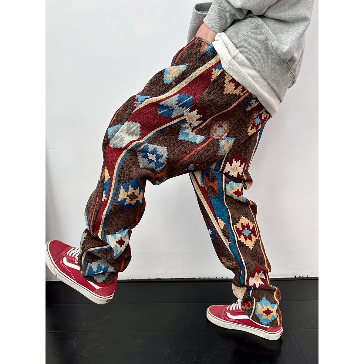 Wiaofellas  -  American Streetwear Geometric Pattern Casual Pants Men Clothing Ethnic Style Jacquard Cargo Trousers Harajuku High Quality Pants