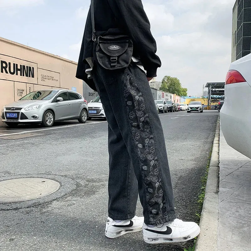 Wiaofellas  -  Fall Jeans Loose Straight Pants Men's Casual Pants Men Clothing  Flare Jeans  Punk Pants  Black Ripped Jeans