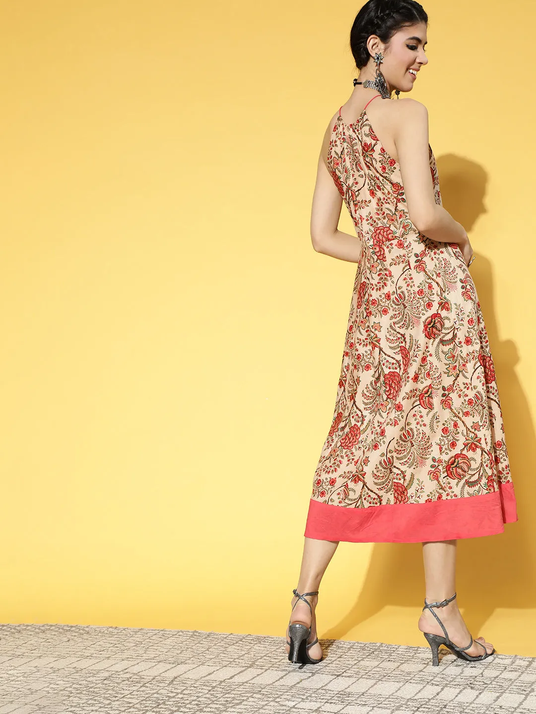 Women Beige & Pink Mugal Floral Jaal Printed Pure Cotton Fit & Flare Dress