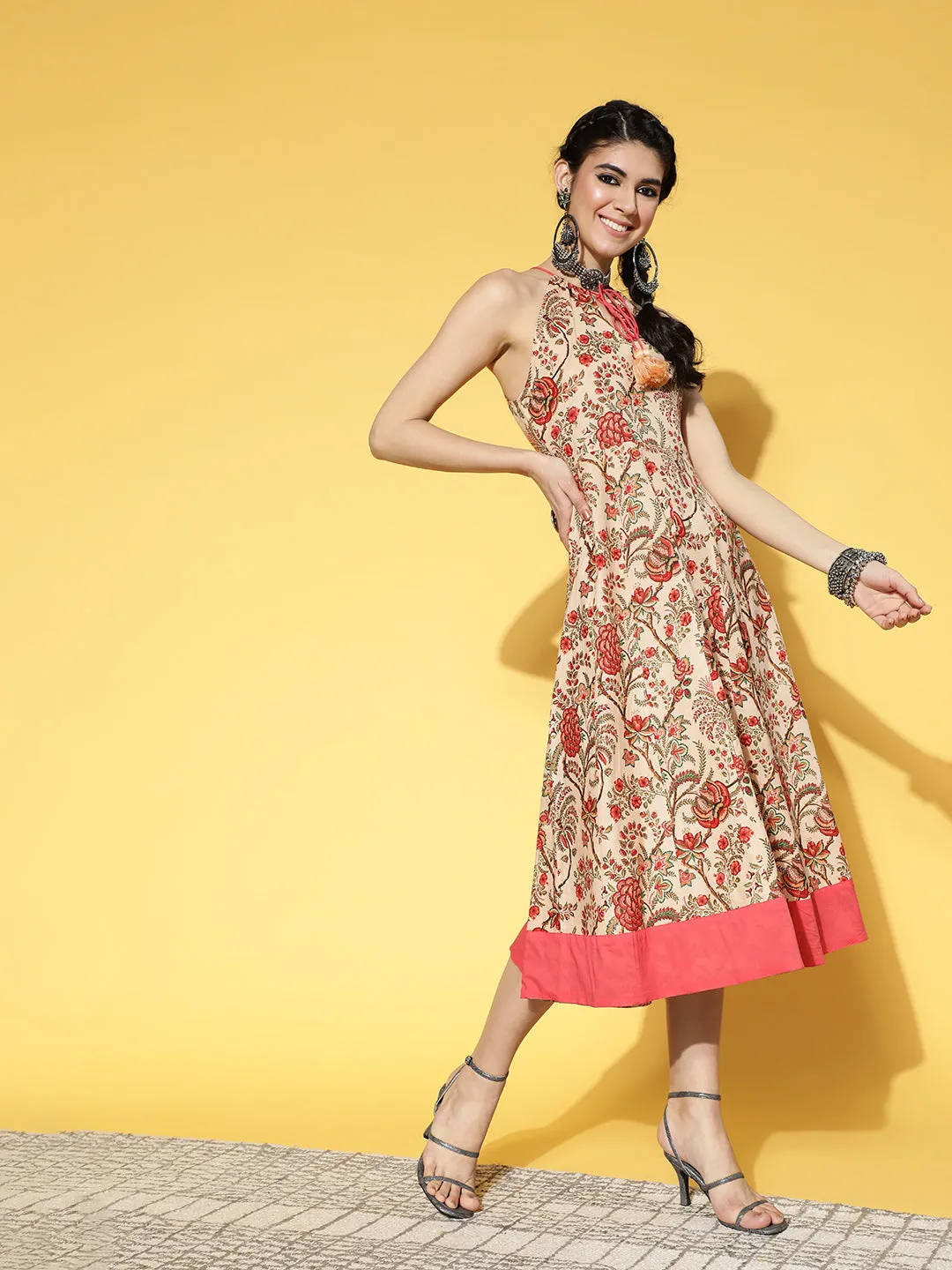 Women Beige & Pink Mugal Floral Jaal Printed Pure Cotton Fit & Flare Dress