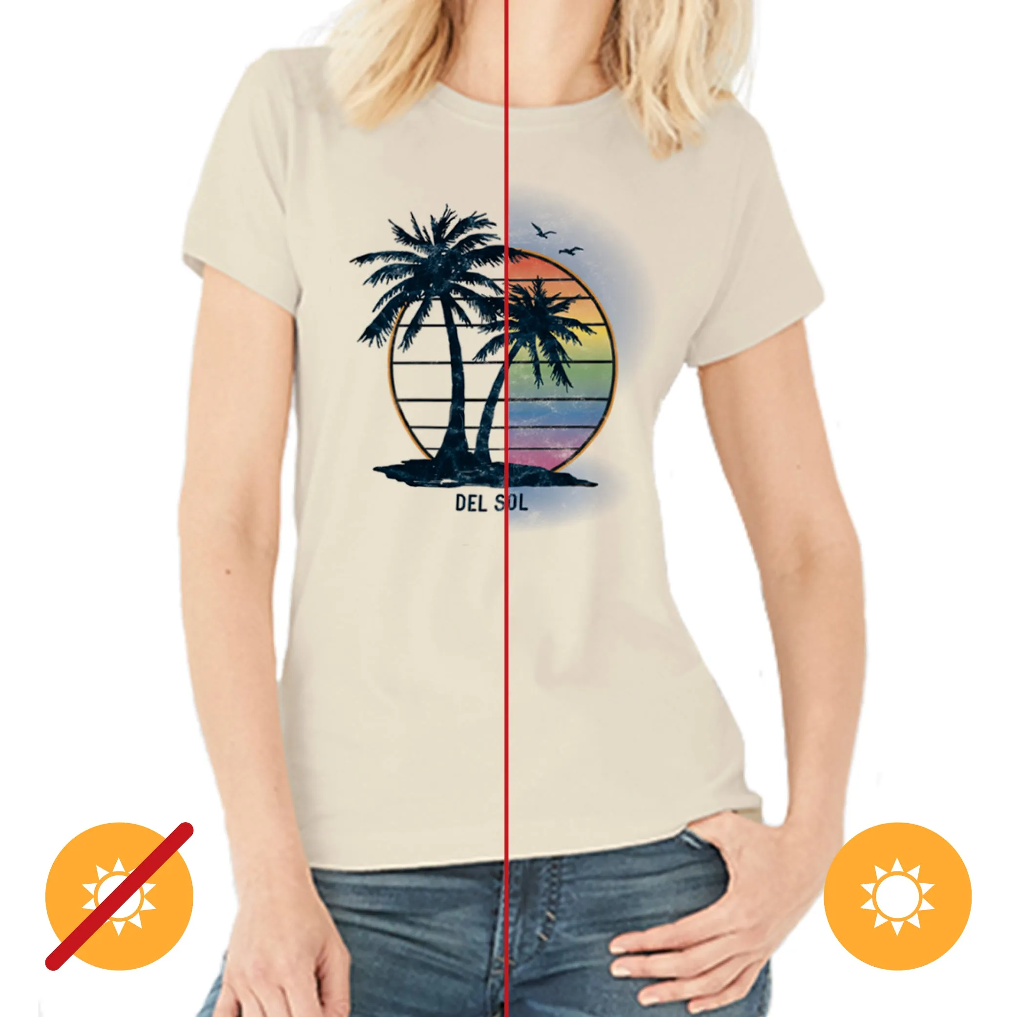 Women Crew Tee - Island Palm Sunset - Beige by DelSol for Women - 1 Pc T-Shirt (Large)