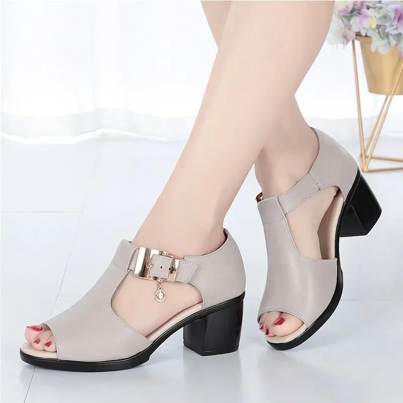 Women Fashion Fish Mouth Shoes Chunky Heel Metal Decorative Buckle Sandals Casual Shoes - WSD50220