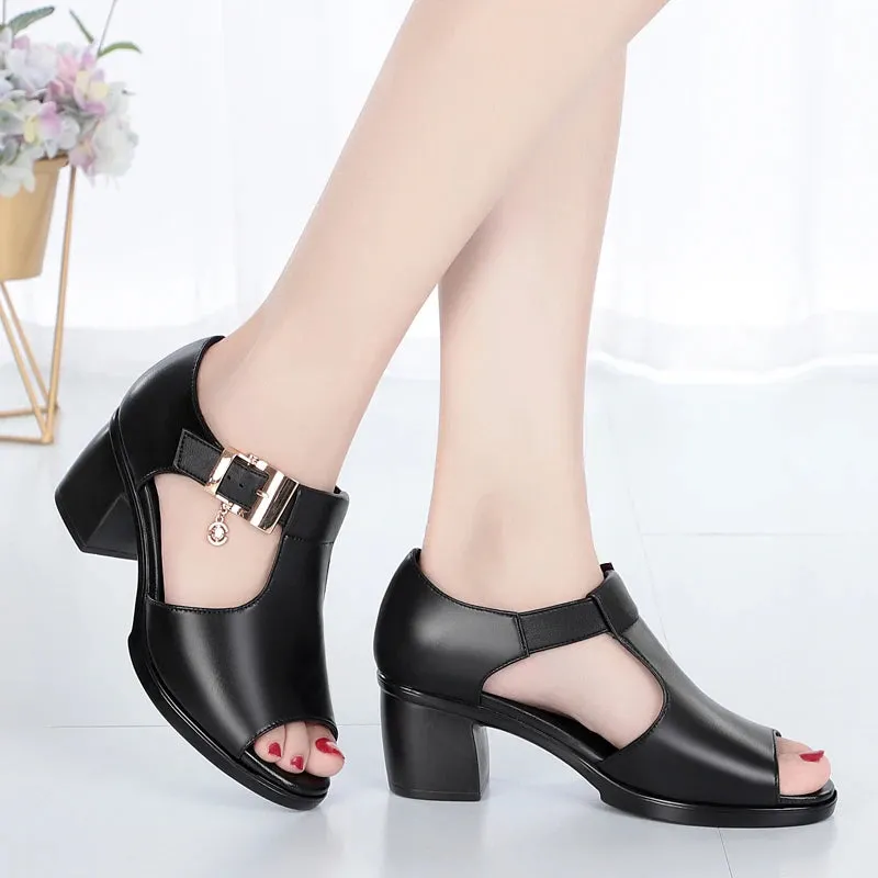 Women Fashion Fish Mouth Shoes Chunky Heel Metal Decorative Buckle Sandals Casual Shoes - WSD50220