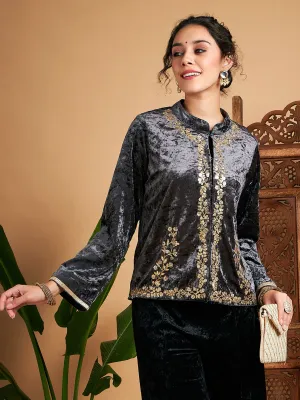 Women Grey Velvet Embroidered Jacket