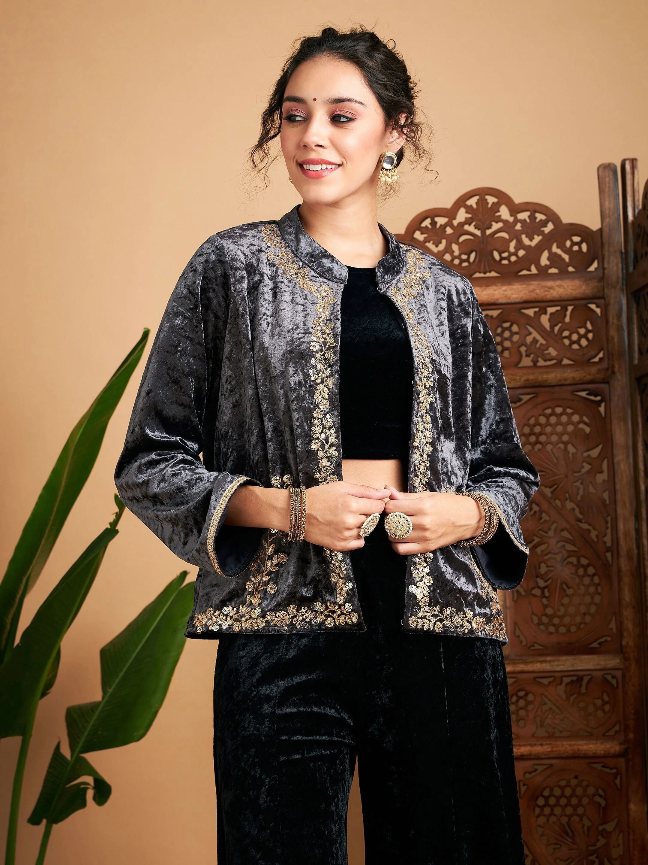 Women Grey Velvet Embroidered Jacket