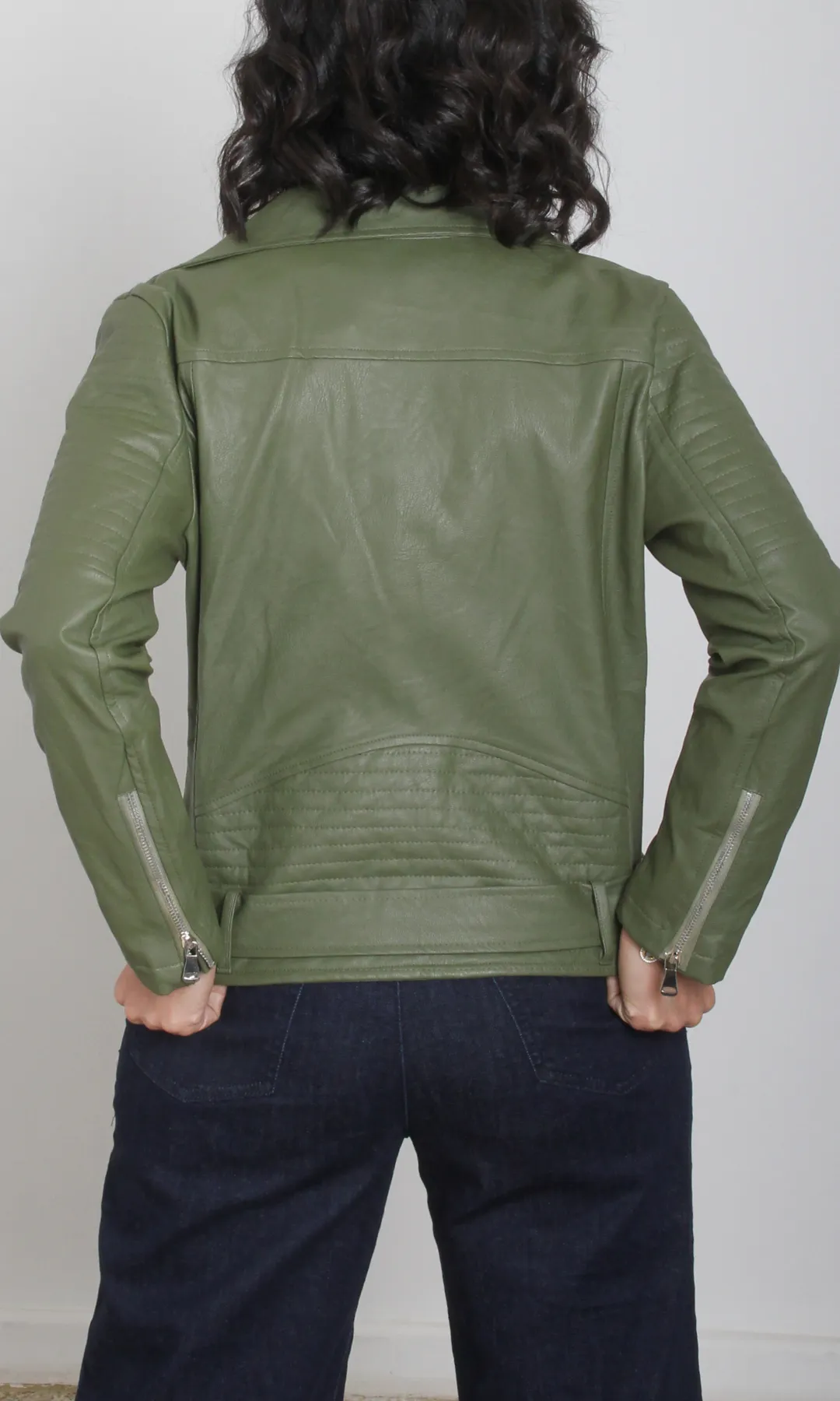 Women leather jacket -Belt on Hem (Oil Green)