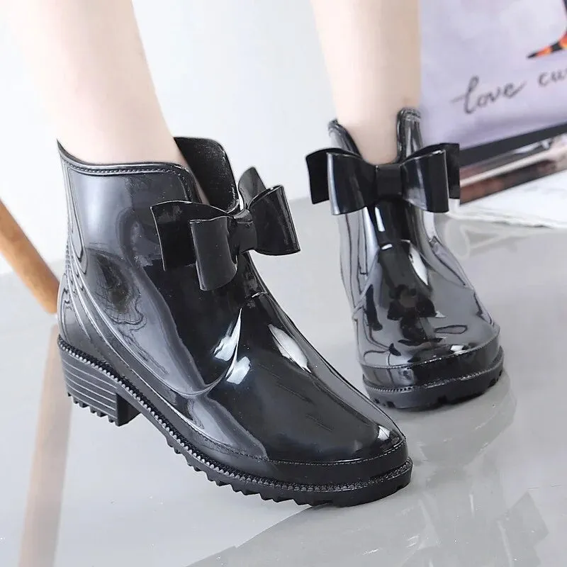 Women Rain Boots Fashion Non-Slip Water Flat Bottom Women Velvet Short Tube Shoes - WRB50138