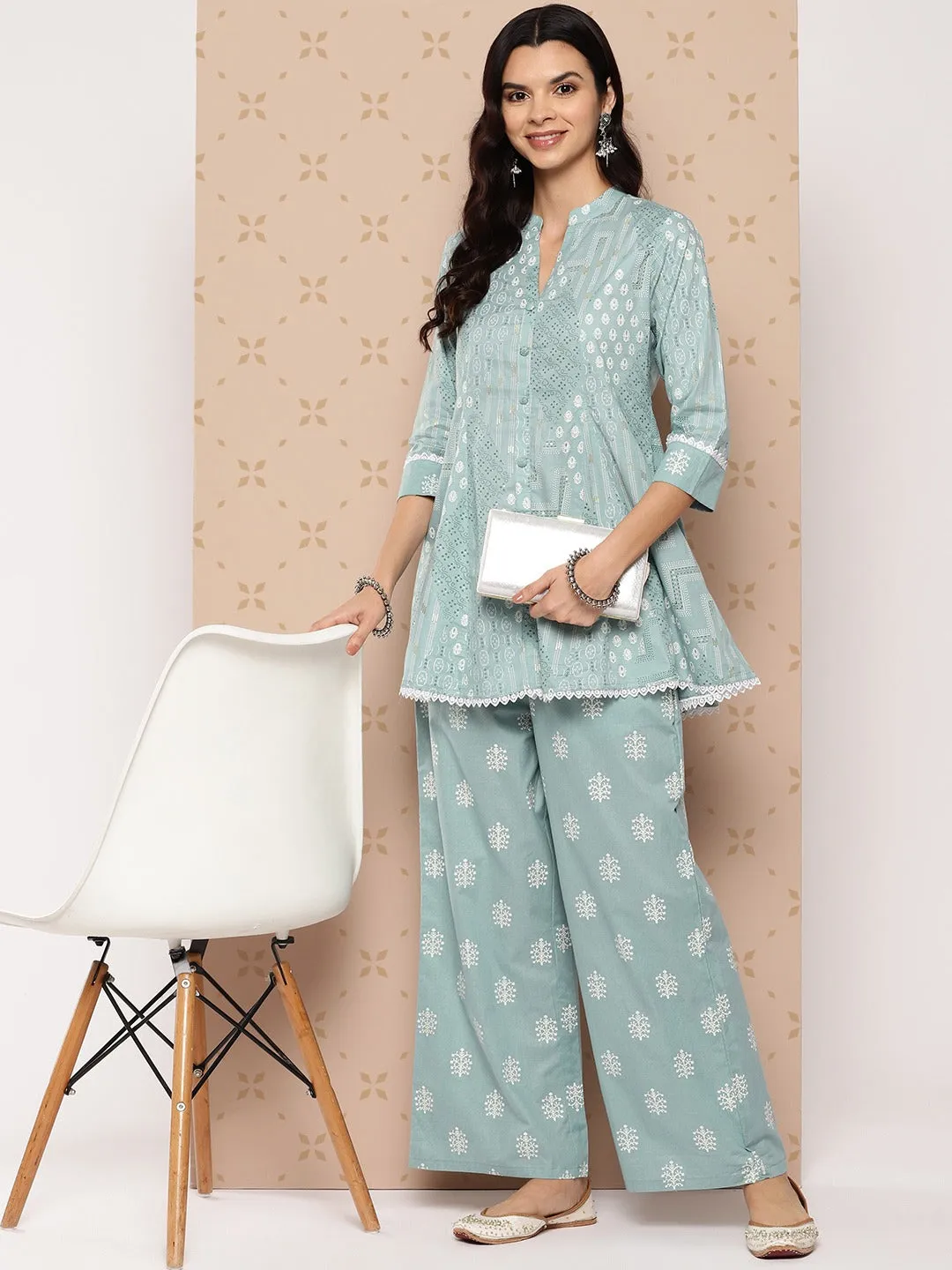 Women Sea Green Pure Cotton Co-Ord Set