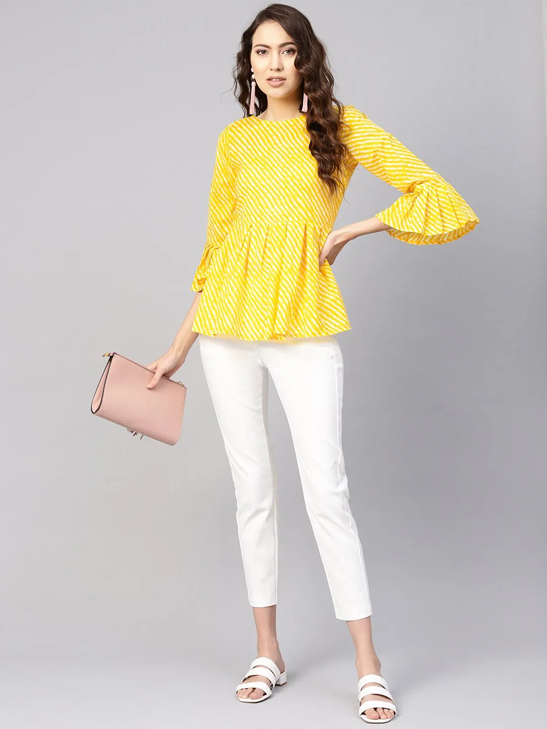 Women Yellow & Off-White Leheriya Print Tunic