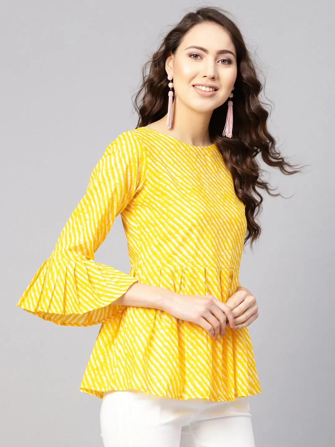 Women Yellow & Off-White Leheriya Print Tunic