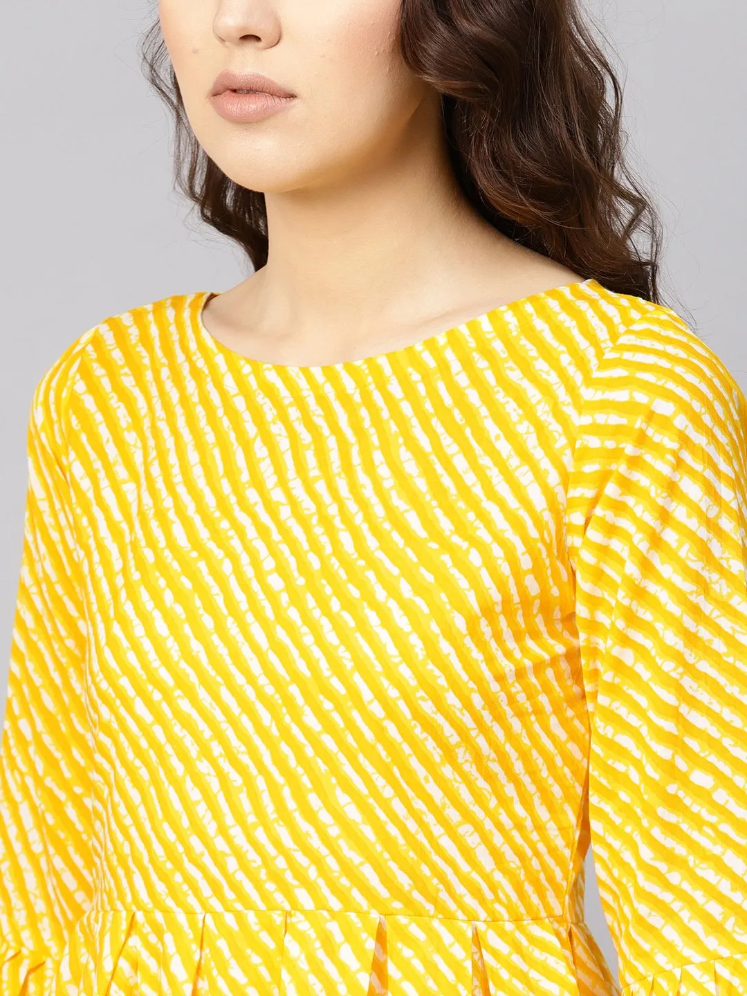 Women Yellow & Off-White Leheriya Print Tunic