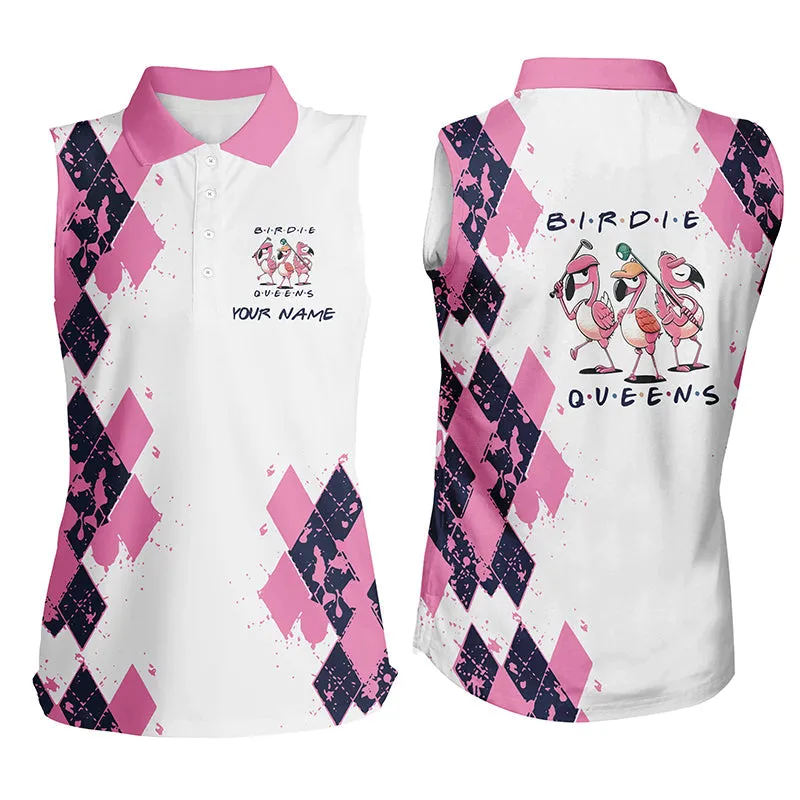 Womens Golf Polo Shirts Custom Name Pink Argyle Pattern Birdie Queen White Golf Outfit For Women