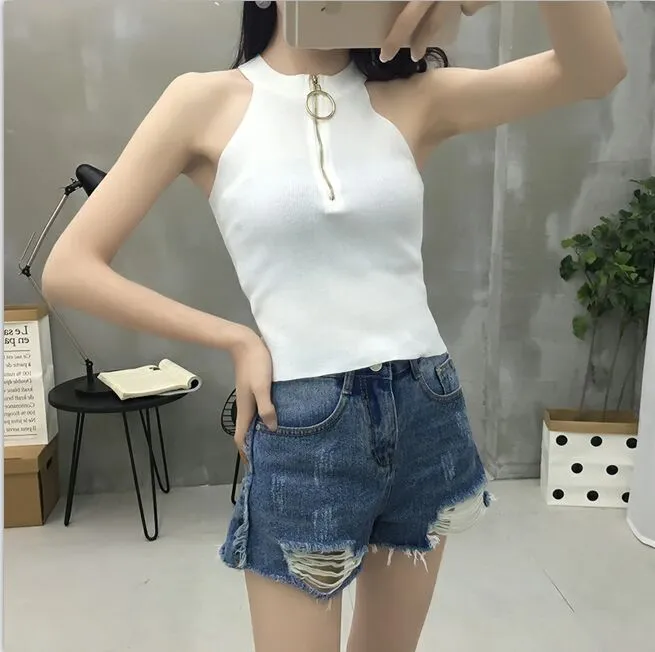 Zip Design Knitted Off-Shoulder Sleeveless Short Tank Tops for Women