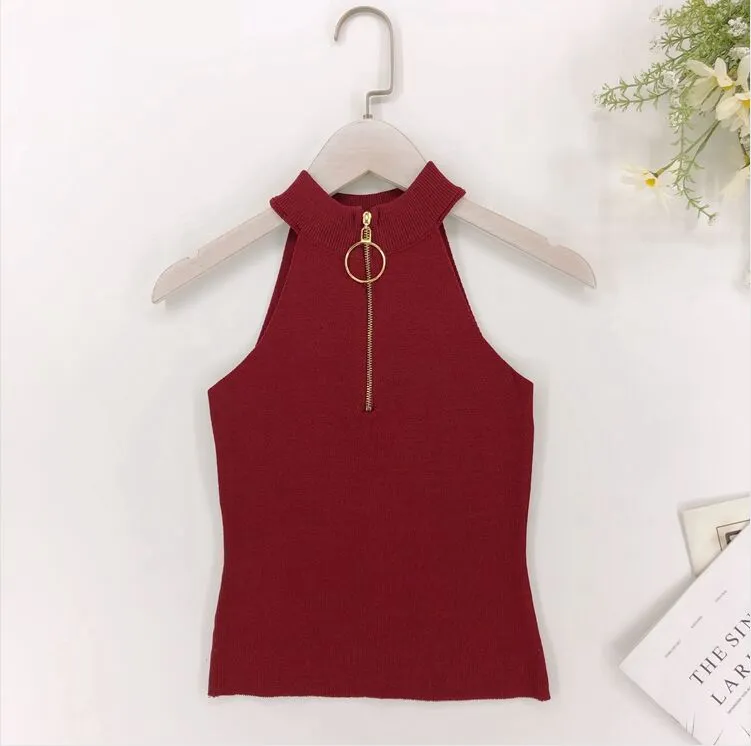 Zip Design Knitted Off-Shoulder Sleeveless Short Tank Tops for Women